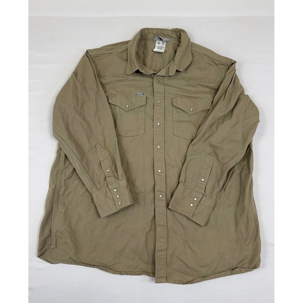 Vintage Carhartt SU009‎ Mens XXL 20x36 Work Shirt Pearl Snap USA Khaki Western